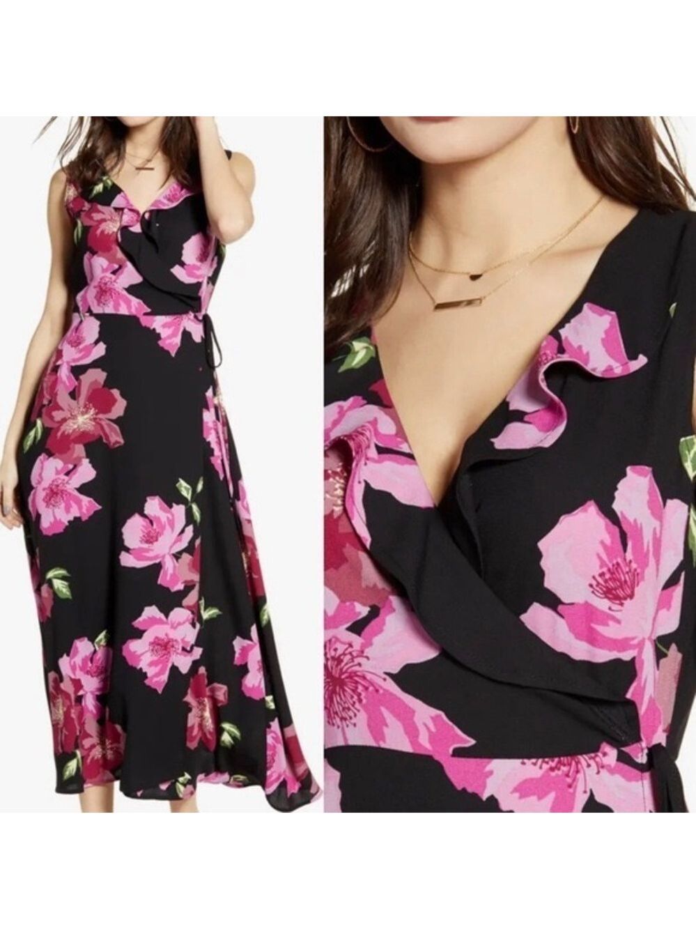 Leith black pink floral flower Ruffle Detail Sleeveless V-neck wrap Dress Sz S